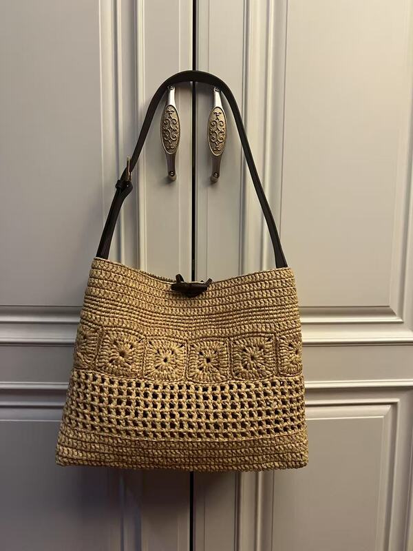 Sister Dong's Same Style Straw Woven Bag, Handmade DIY Material Bag with Cowhide Accessories, Large Capacity Tote Beach Bag