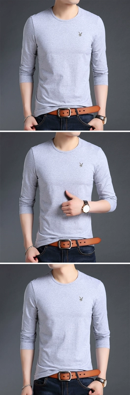 Áo thun nam tay dài Playboy cổ tròn cotton nam cộng với nhung dày mỏng Quần áo mùa thu mỏng màu rắn đáy áo mua áo thun nam