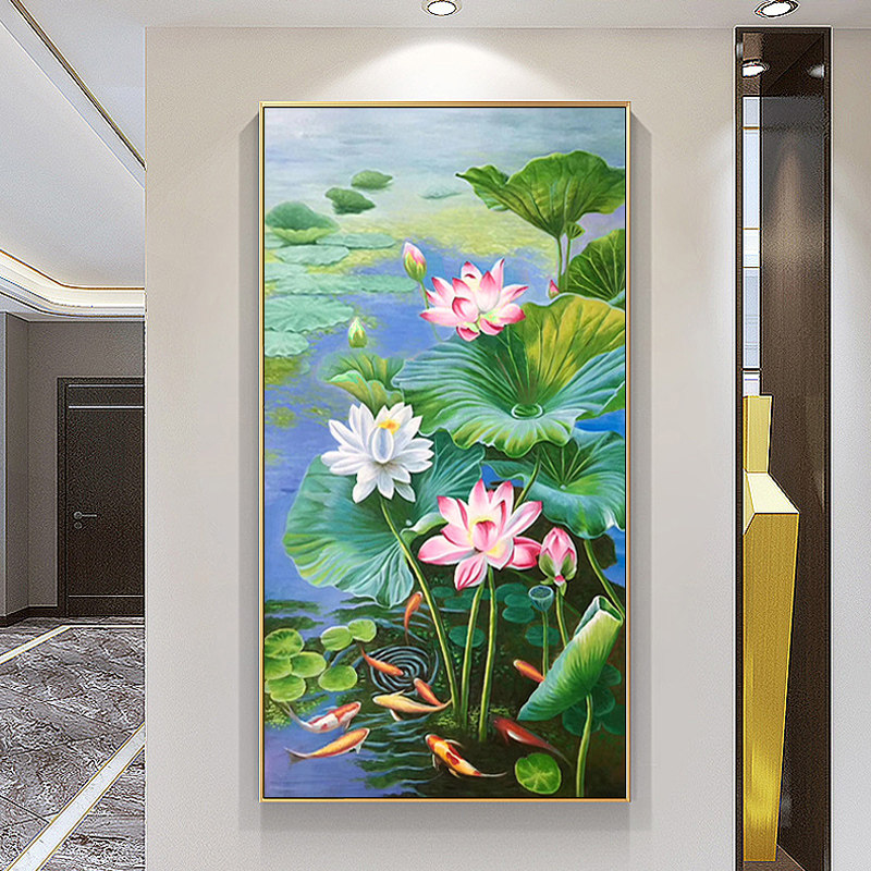 纯手绘油画荷花鱼图新中式玄关装饰画走廊过道挂画竖版入户壁画