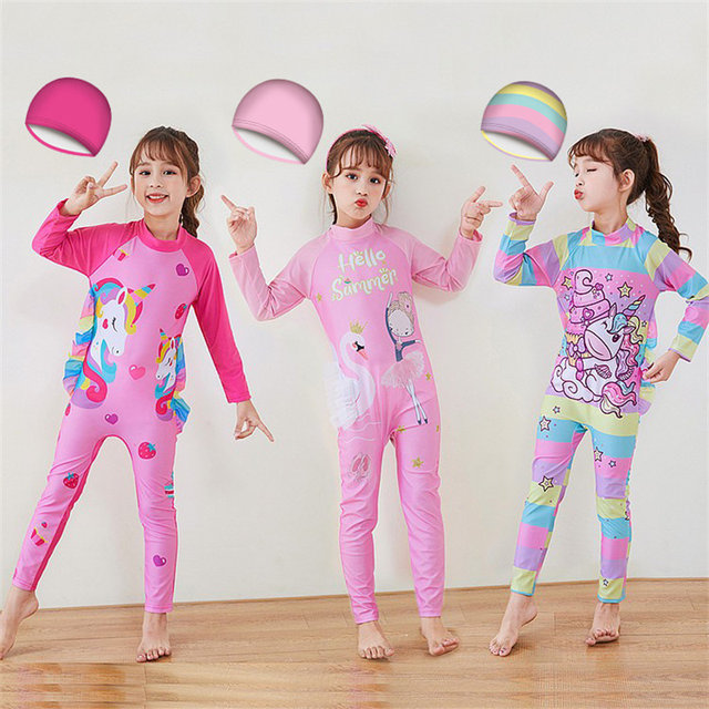 Girls' one-piece long sun protection swimsuit cute cartoon