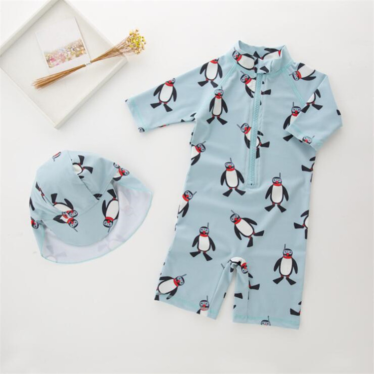 Korean version boy swimsuit one-piece children swimsuit baby bathing suit baby cute penguin sunscreen fitting cap