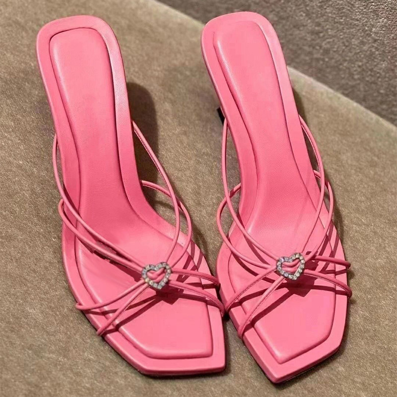 Heart-shaped crystal-embellished candy pink sandals, 2026 summer new style French elegance square toe open-toe stiletto heels with thin straps