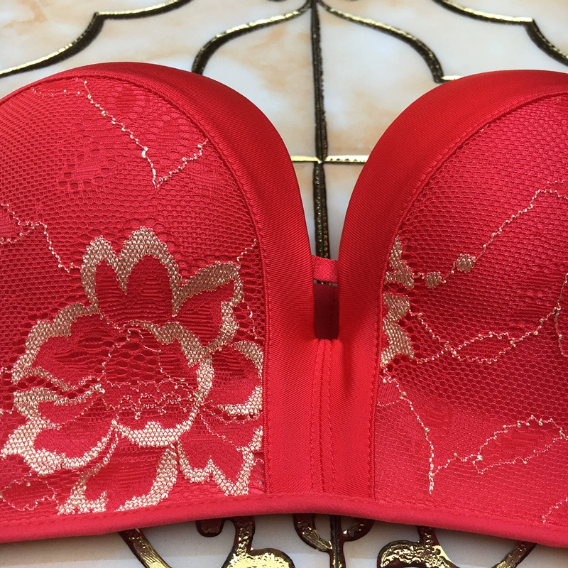 Đồ lót cưới quây, không trơn, ngực nhỏ, cúp dày, tụ tập, màu đỏ, đám cưới, áo ngực vô hình, không bị mất
