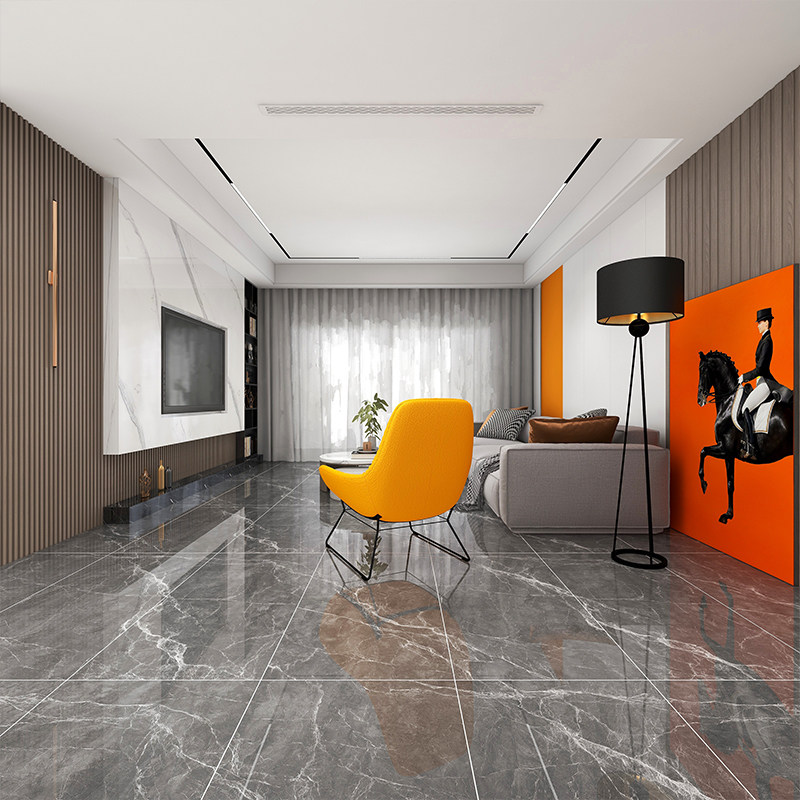 Modern light luxury dark gray whole body marble tiles 600x1200 living room floor tiles powder room toilet floor tiles