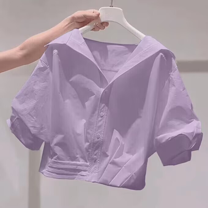 Purple Lapel Puff Sleeve Shirt for Women, Summer 2025 New Style, Loose and Versatile Casual Clothing for Petite Women