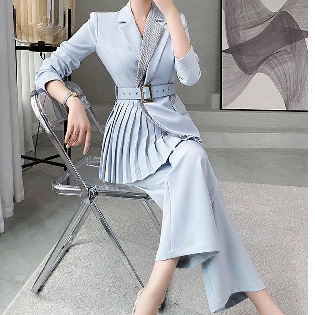 Complete set of autumn clothes with high-end Yujie's professional aura strong and capable temperament women's blue suit two-piece suit