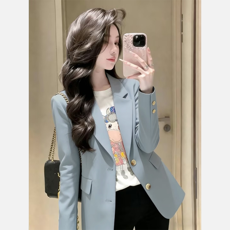 Light Blue Casual Blazer for Women, Spring 2026 New Fashion Korean Style Loose Fit Versatile Suit Jacket