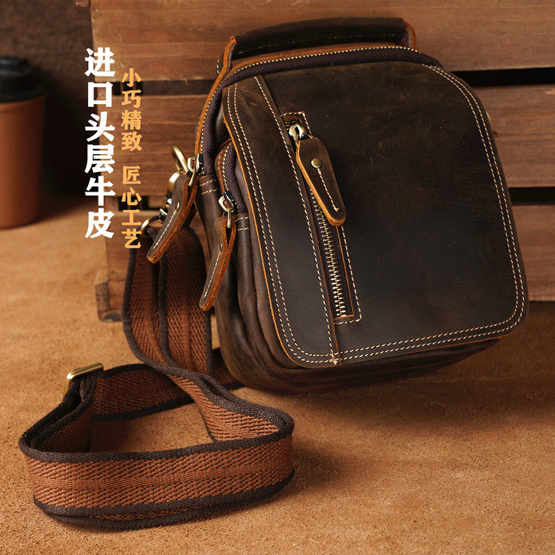 Crazy Horse Leather Men's Waist Bag Genuine Leather Retro Messenger Bag Top Layer Cowhide Shoulder Bag Wearing Belt Hanging Bag Handbag