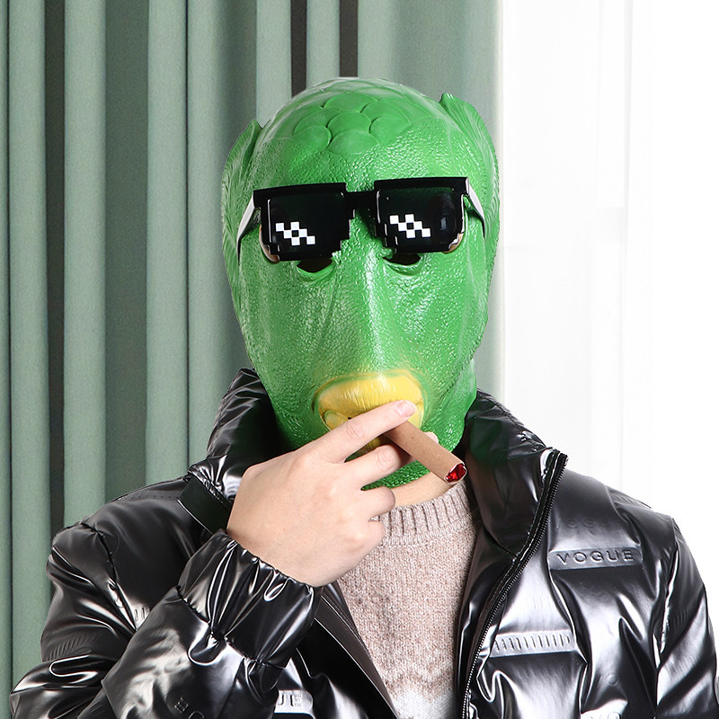 Green fish head cover green frog fish head cover mask alien sand sculpture funny whole person net red with the same props