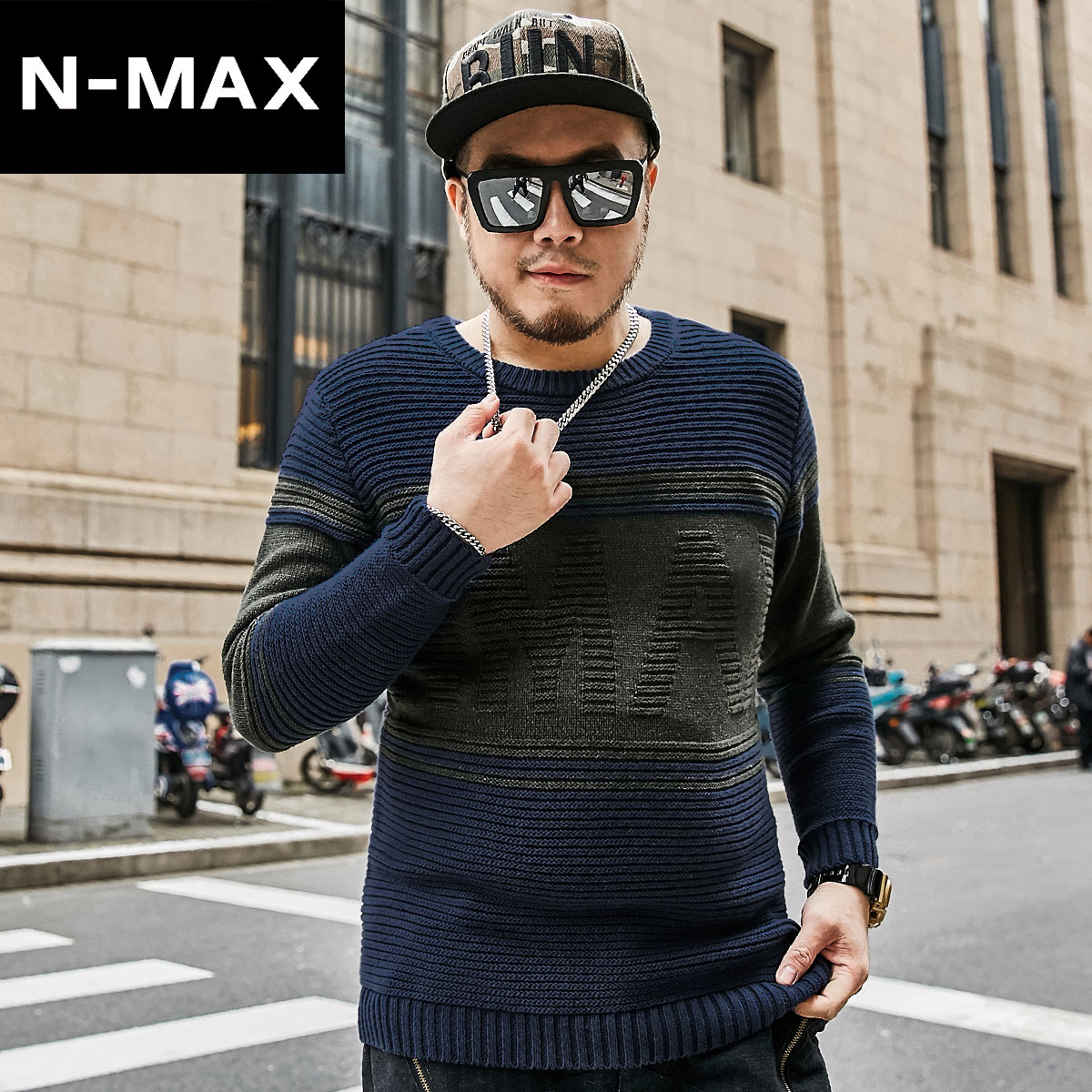 NMAX cỡ lớn của nam giới xu hướng thời trang thương hiệu mùa thu mặc mới loose-fitting vòng cổ áo len cộng với chất béo cộng với áo len linewear.