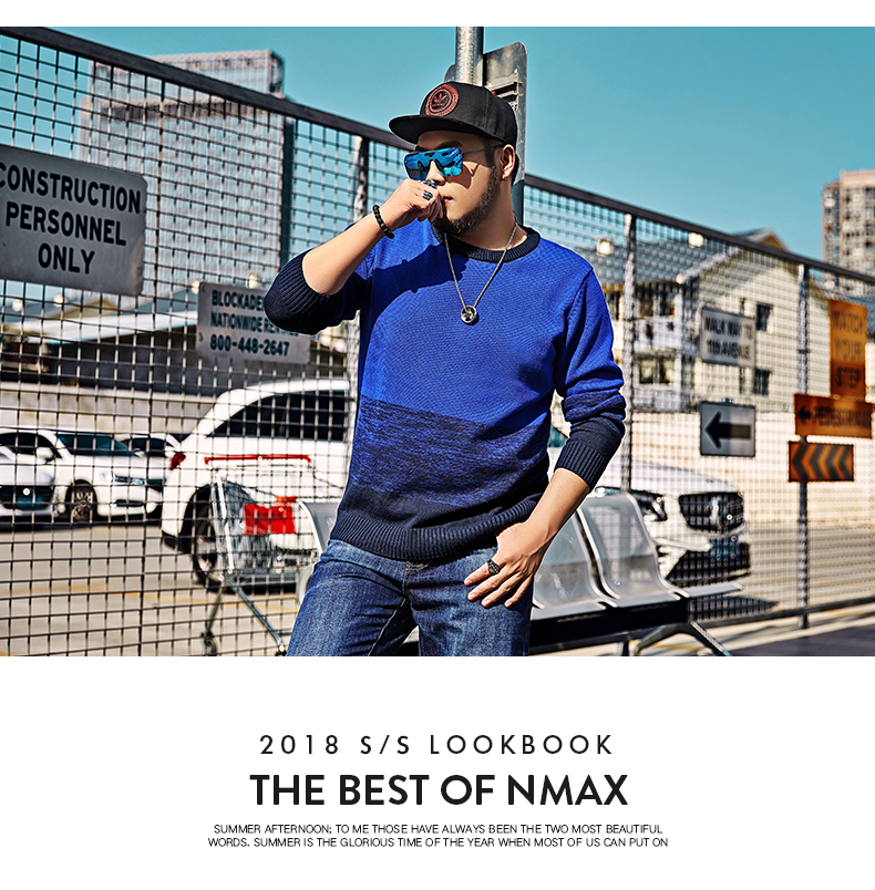 Nax kích thước lớn thẻ thủy triều nam cộng với phân bón để tăng áo len cổ tròn chất béo áo len lỏng cotton đáy - Kéo qua thời trang công sở nam