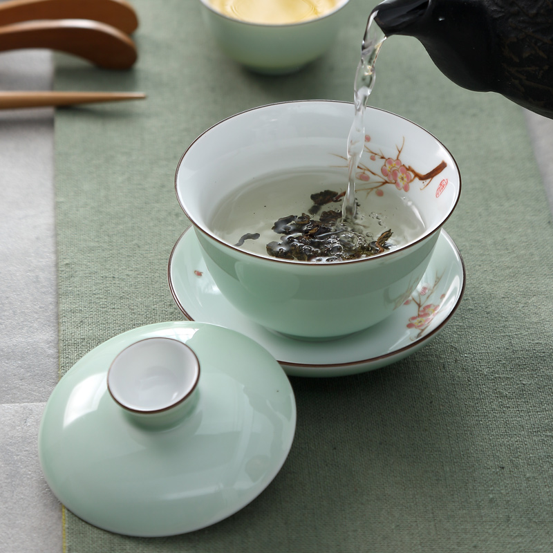 White porcelain cover bowl three talent bowl kung fu tea set tea cup kung fu respect tea bowl home Chinese style small fresh plum blossom