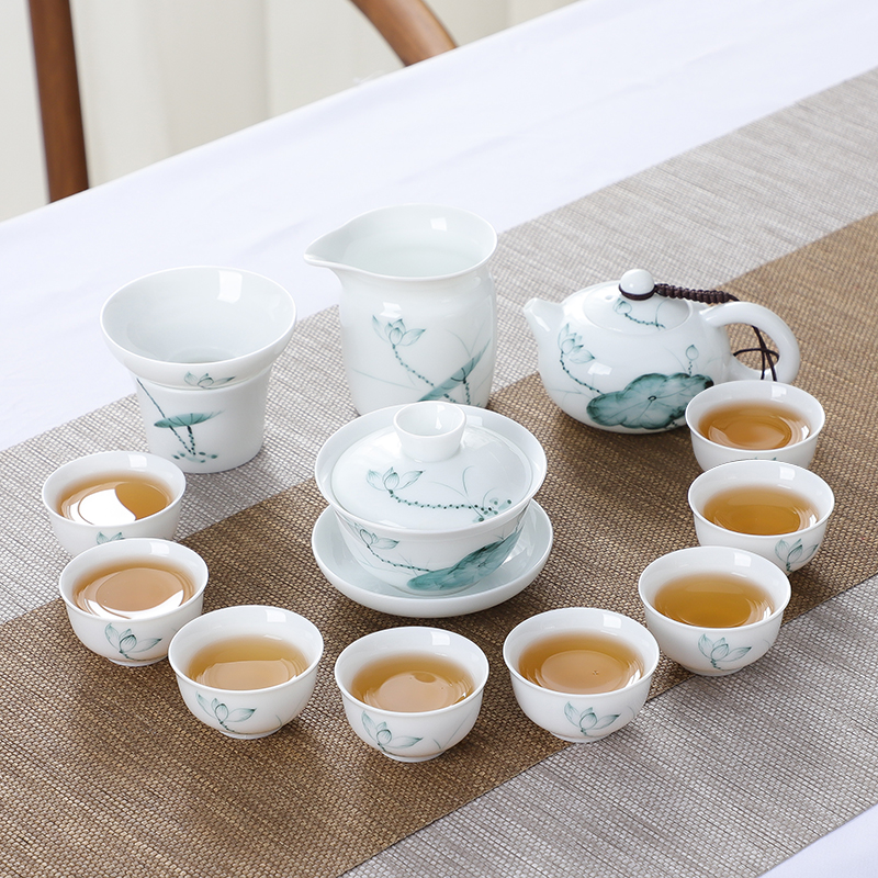 Hand-painted small kung fu tea set set Chaoshan cover bowl Xishi pot tea cup complete set of home living room jade porcelain lotus