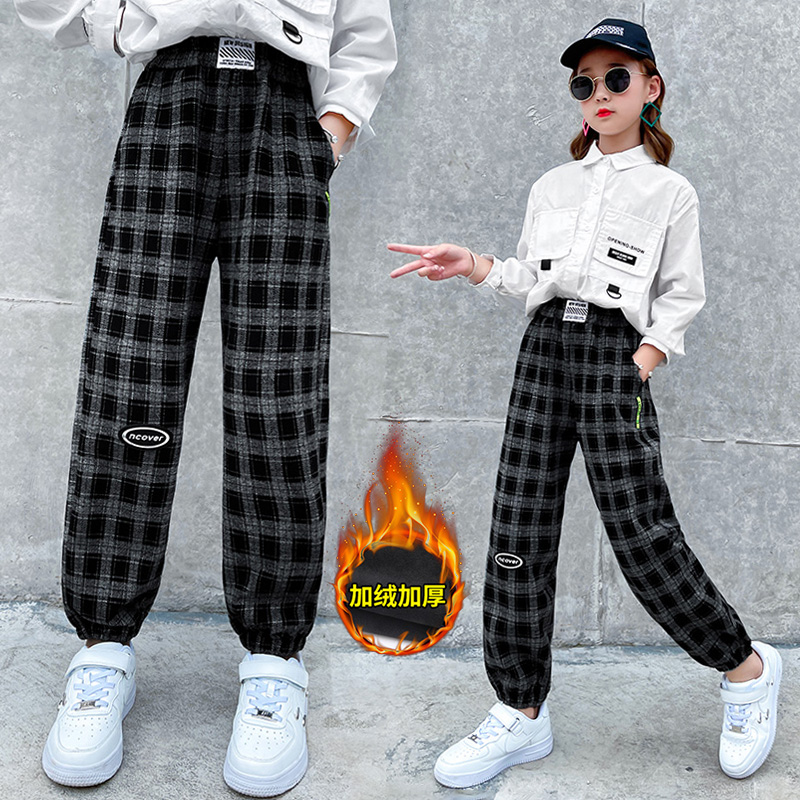 Girls pants winter plus plate casual pants in the big children's spring and autumn new outer wear beam foot sports trousers
