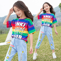 Premium Girls Summer Set 2022 New Internet Red Western Style Kids Girls Big Kids Short Sleeve Jeans Two Piece Set