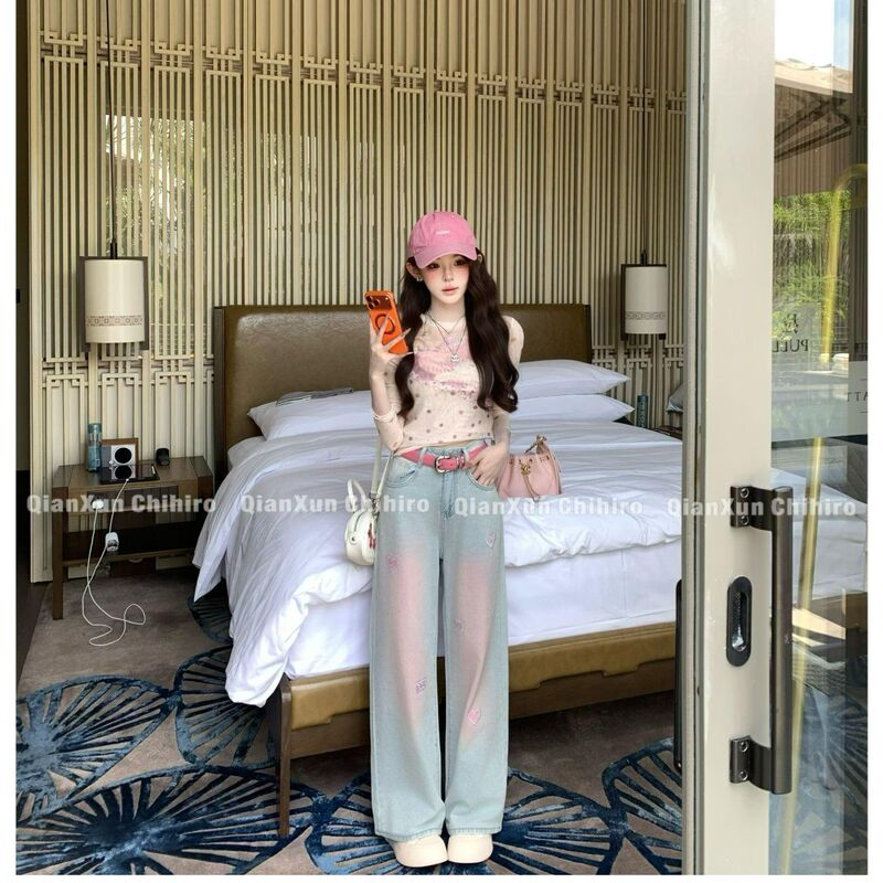 [Blush Pants] Jeans Pre-Order Qxc6Nzk0345 Straight-Leg High-Waisted Loose Trendy Gradient Color Print