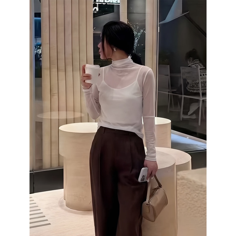 Pan Wenqing's [Indispensable] Slightly Sheer Long-Sleeve Blouse with a Thin Half-High Collar, Gentle Drape, and Sun-Protective White Outerwear