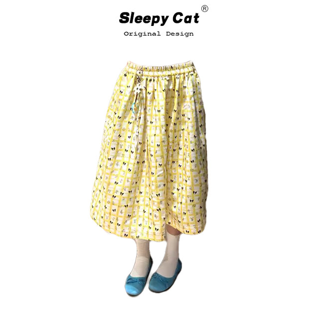 Korean niche fortune yellow plaid printed skirt 2025 new women's elastic waist slimming versatile tutu skirt