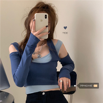 Phome today C position ~ Korean and cool girl super beautiful color blue fake two pieces of shoulder long sleeve T-shirt female