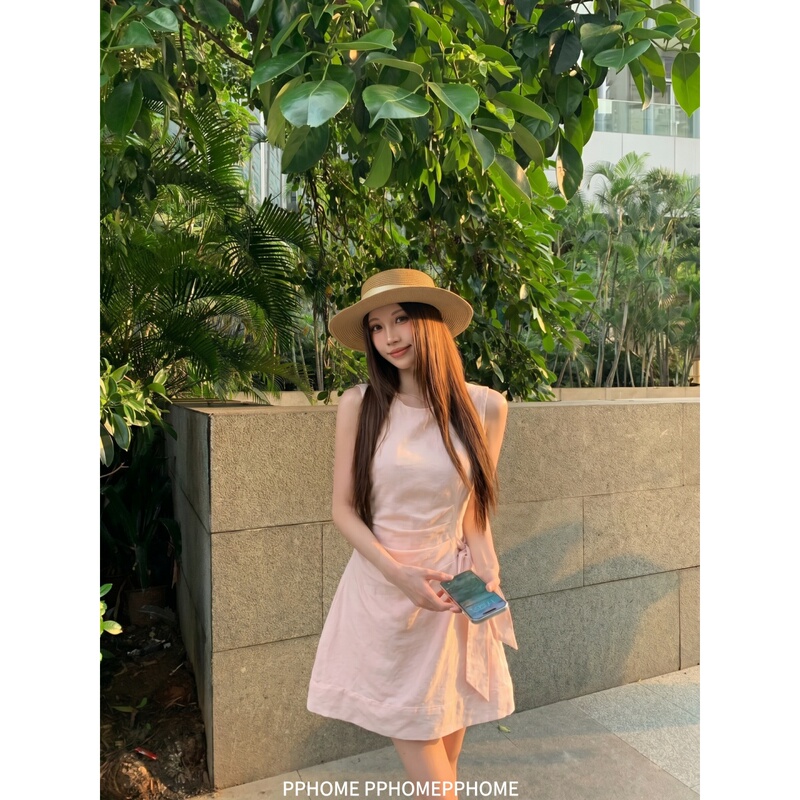 Pphome Homemade~Southern French Manor Round-Neck Vest Dress for Women, Summer Design with Bowknot and Pleated Waist-Cinching Skirt