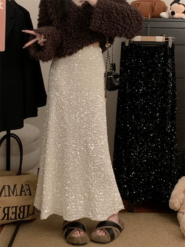 Дизайнерские осенние блестки для ногтей, поясная сумка, длинная юбка, тренд сезона, высокая талия, рыбий хвост