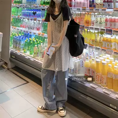 PPHOME niche stacked LOOK ~ ins simple color round neck short sleeve T-shirt stacked with lace suspenders dress