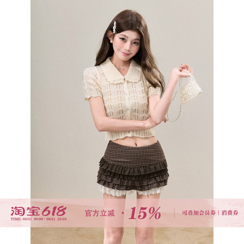 Bbt Sweety Wool Crochet Doll Collar Knitted Top for Women, Summer Slim Fit Hollow-Out Short T-Shirt