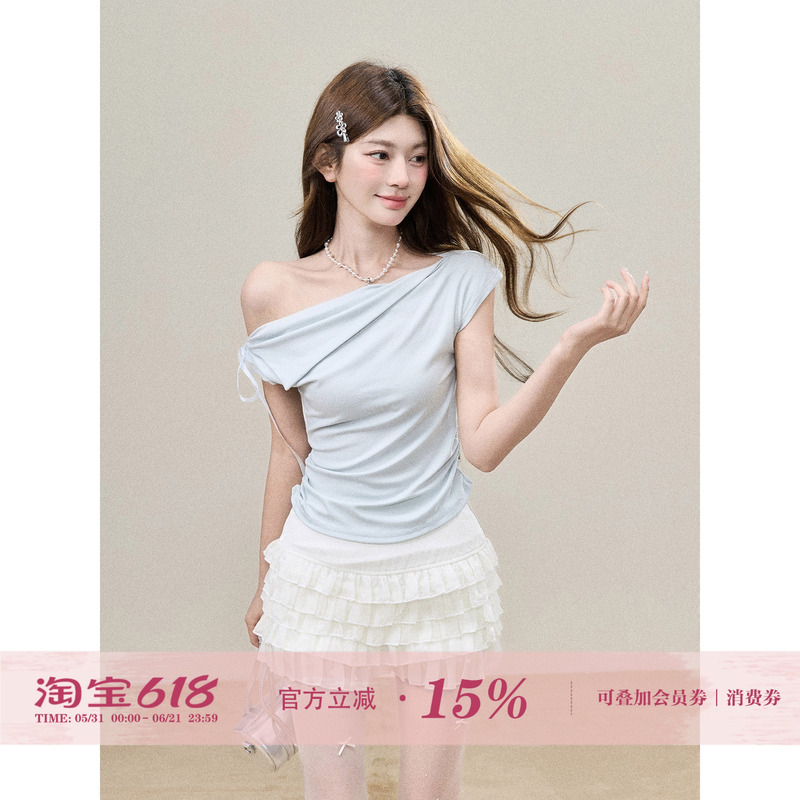 Bbt Sweety Off-Shoulder Lapel Bow Tie Short-Sleeved T-Shirt for Women, Summer Slim Fit Short Top