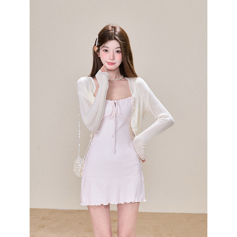 Bbt Sweety Hot Girl Lace-Up Short Dress Cardigan Women's Summer Slim Waist Striped Two-Piece Suit