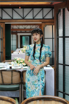 Yellow Pussy Original Pick Tea To Go Oil Painting Sensation Snow-spinning Pearl Flowers Edge Dew Back Improvement China Wind Long Flag Robes Summer