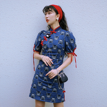 Chicks Pussy Original Pets League National Tide Flag Robes Summer Retro-Colored Disc Button Qipao To Send Cat Paw Brooch