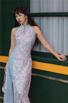Yellow pussy original Sina flower back to cloud end lace splicing blue open-shoulder pearl flying bird modified long qipao