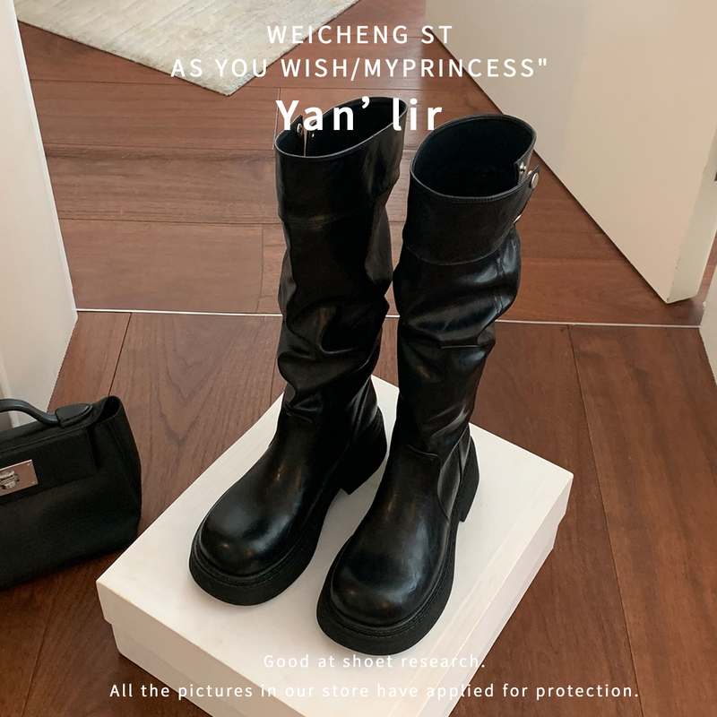 Cowhide Version ~ 3D Round-Toe 5cm Thick-Soled Snap-Button Over-The-Knee Long Boots for Women, Pleated Slimming High-Tube Riding Boots