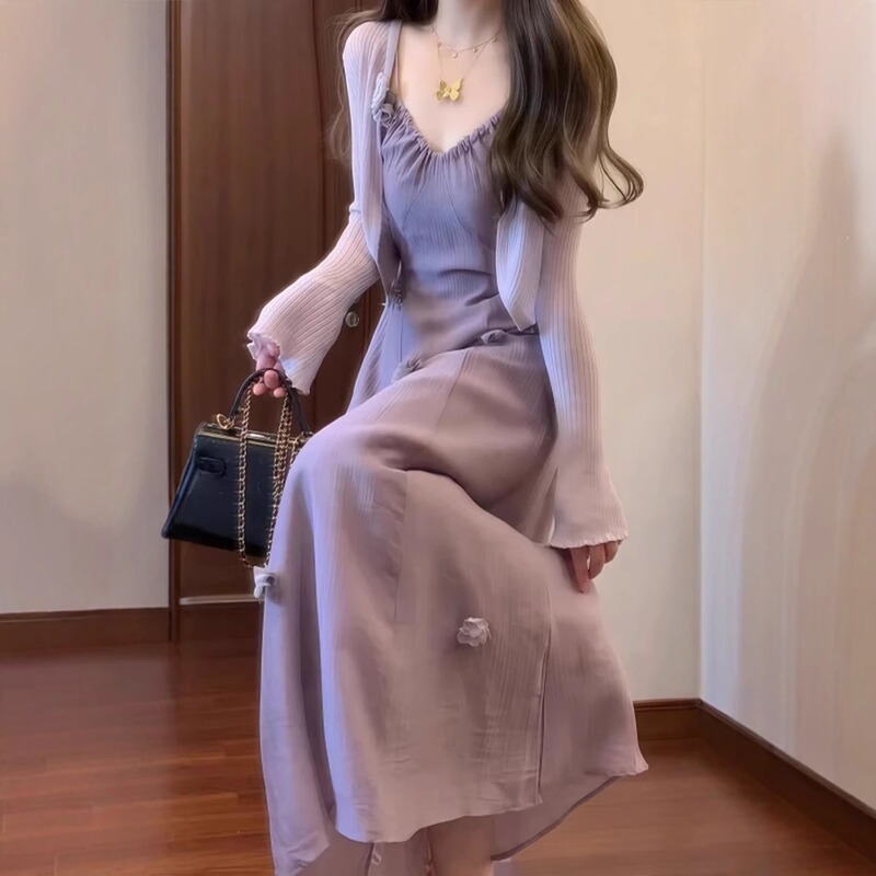 2026 New Summer Outfit Set: Purple Sun-Protective Cardigan and Strap Dress for Women, High-End Long Dress Trend