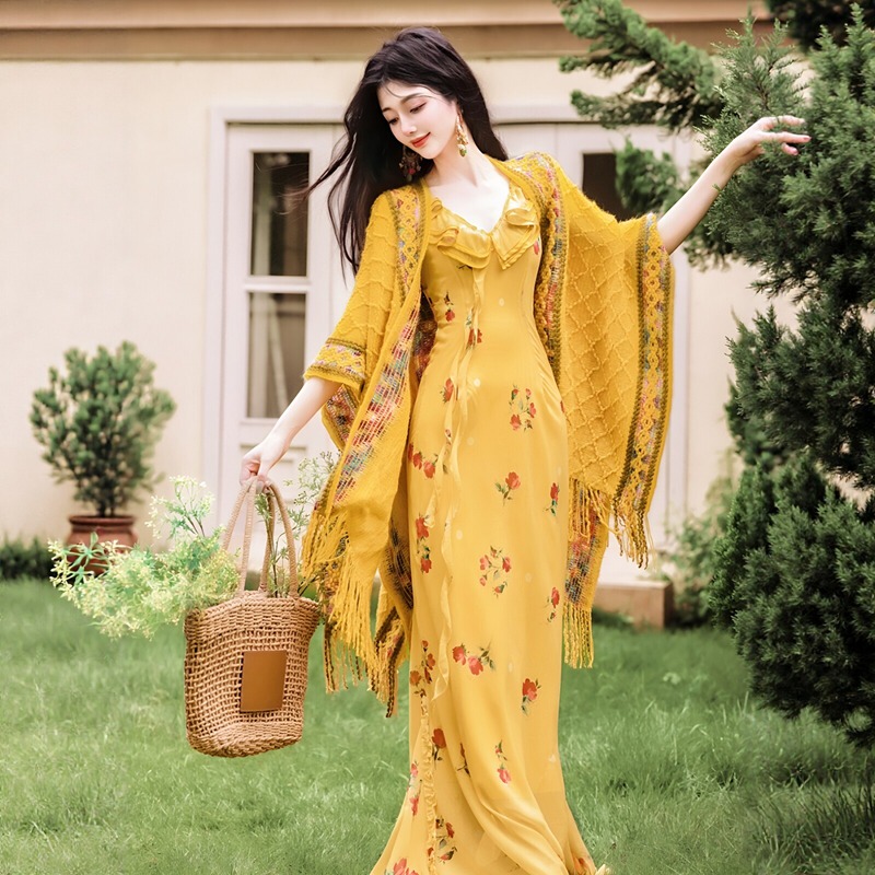 High-End Quality Dopamine Yellow Spaghetti Strap Dress for Seaside Vacation, Long Beach Dress for Women, New Summer 2026 Model