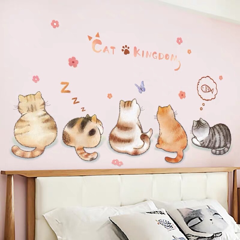 Cute Cat Wallpaper Self-Adhesive Living Room Background Pink Girly Heart Warm Bedroom Creative Sticker Bedside Decoration Painting