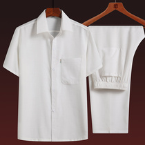 Dad summer linen shirt short sleeve set middle-aged and elderly 60-70-80 year old shirt grandpa cotton hemp suit