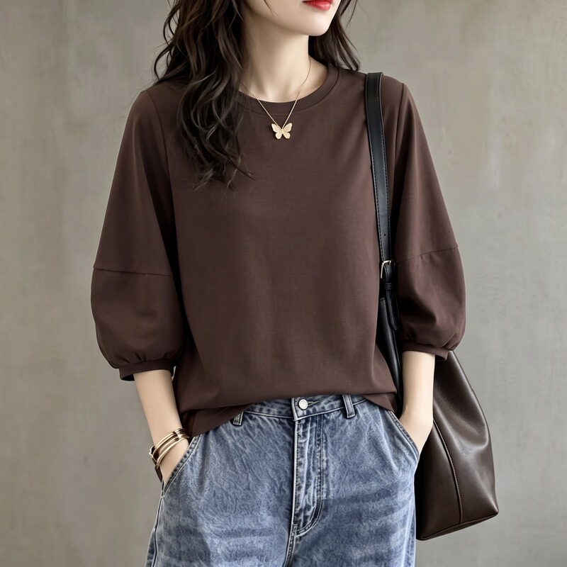Lazy Style Coffee-Colored Pure Cotton Round-Neck Three-Quarter Sleeve T-Shirt for Women, New Spring and Autumn Loose Fit Versatile Slimming Lantern Sleeve Top