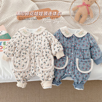 Female baby winter clothes foreign-style floral jumpsuit baby cotton cotton plus velvet ha clothes newborn climbing clothes out to carry clothes