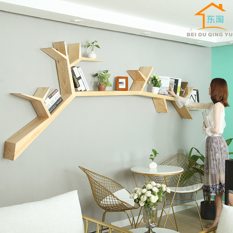 Creative Tree-Shaped Bookshelf Tv Sofa Background Wall Storage Rack Study Room Solid Wood Wall Tree Trunk Bookshelf Display Rack