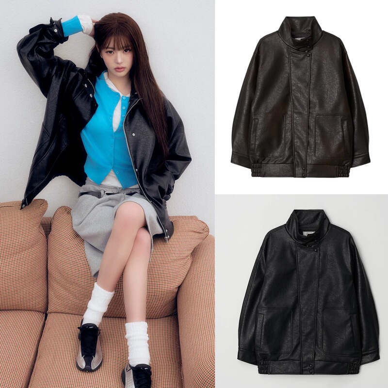 Exclusive Han Shunpian Yuanrola Zhang Yuanying's Same Style High-End Vintage Loose Stand-Up Collar Leather Jacket