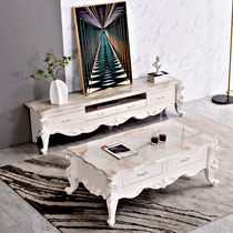 European-style coffee table TV cabinet combination living room simple small apartment locker solid wood carved simple European marble floor cabinet