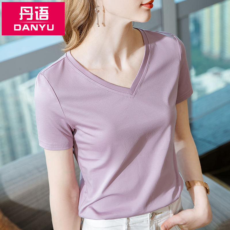 Mercerized cotton V-neck T-shirt women's 2021 new women's summer Xinjiang cotton pure cotton white T-shirt solid color short-sleeved top