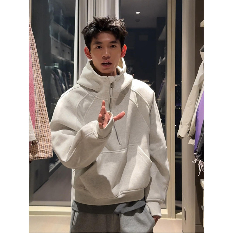 American-Style Half-Zip Stand-Up Collar Fleece Sweatshirt for Men, Spring Boxy Heavyweight Structured Hoodie with Deconstructed Design