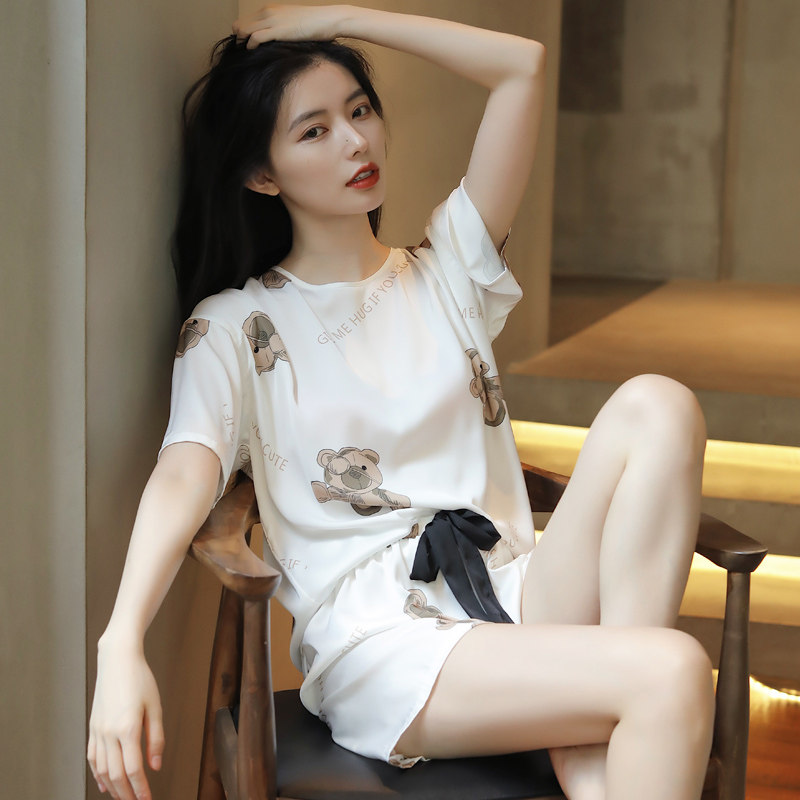 Silk pajamas women's summer suits 2022 new net celebrity style high-end summer models large size ice silk home clothes thin