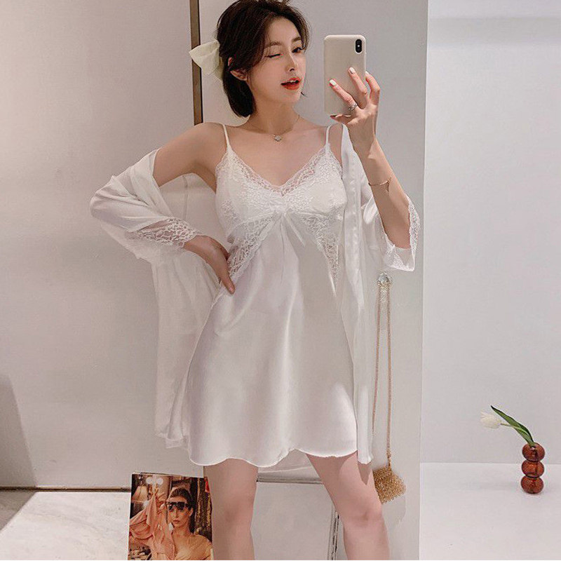 Lace nightdress women's 2022 new women's summer ice ribbon chest pad pure desire sling sexy pajamas two-piece nightgown