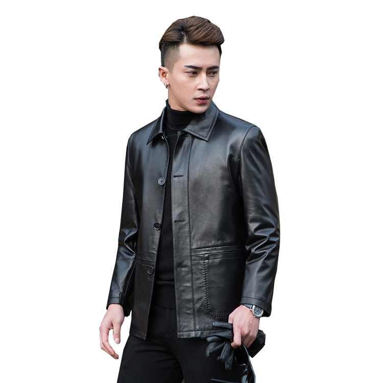 2020 mùa thu nam da Leather Jacket Lập Nút Loose bản kinh doanh Cửa Flap dài Coat Coat