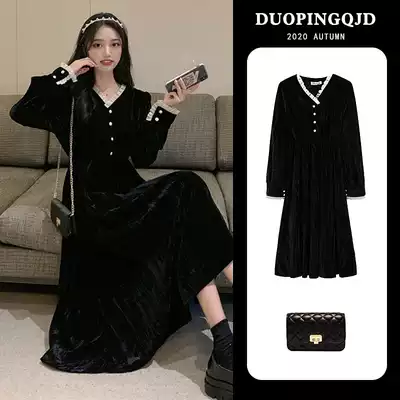 Pregnant women's dress Spring and Autumn Tide mother fashion fairy Super fairy gold velvet long version knee black skirt tide