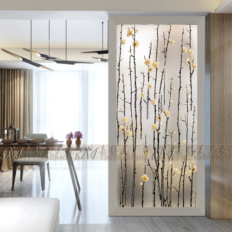Modern art glass screen Shoe cabinet partition frosted aisle entrance background wall carving craft glass plum blossom