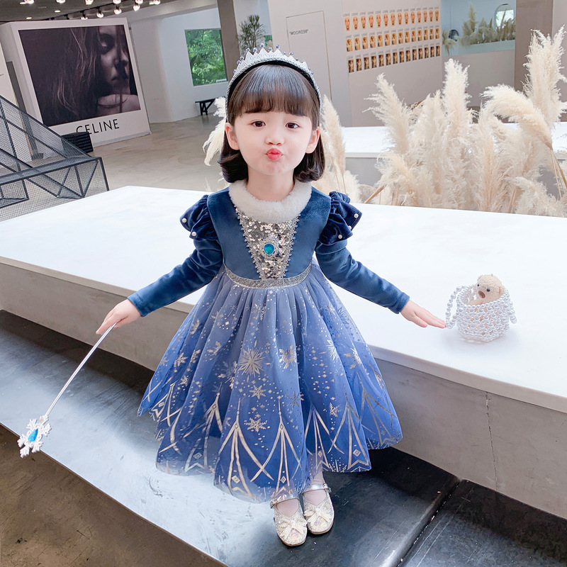 Frozen Elsa Dress for Girls, Autumn and Winter New Long-Sleeved Mesh Skirt, Baby Girl Elsa Princess Dress